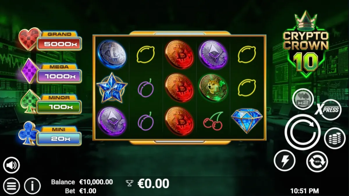 Isang futuristic na slot machine na may mga simbolo ng cryptocurrency at neon na prutas.