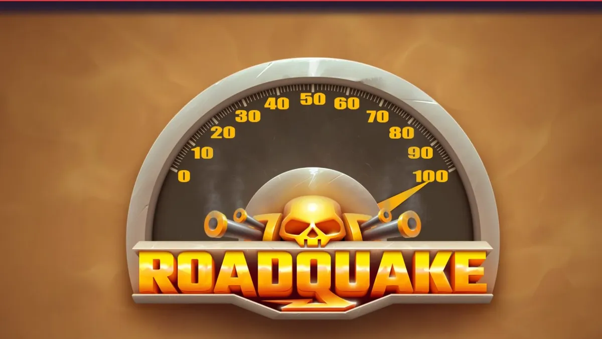 Isang makulay at maaksyong eksena mula sa Roadquake slot na nagpapakita ng mga sasakyan at pagsabog.
