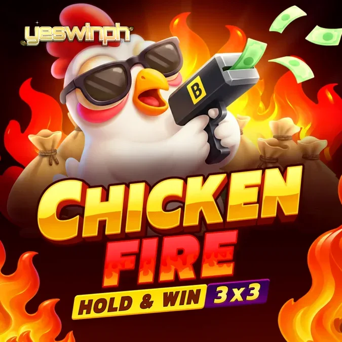 Isang masiglang 3x3 slot na may temang manok at apoy na nagpapakita ng Hold and Win bonus.